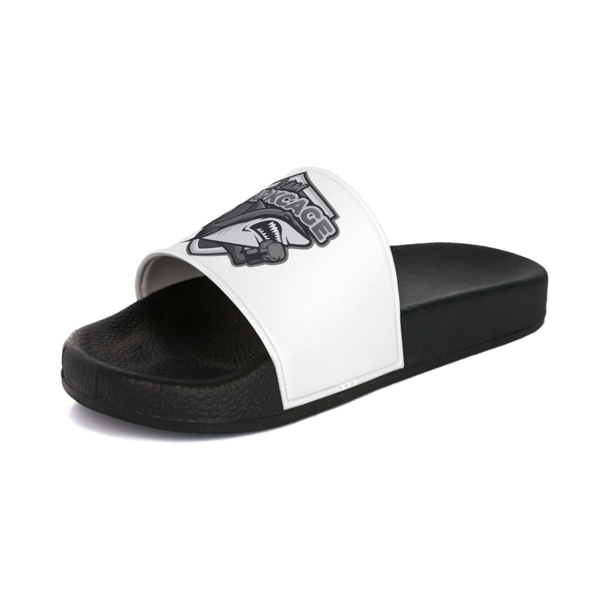 Men's white and black slide sandals from TeamSharkcage – perfect for casual wear and beach days