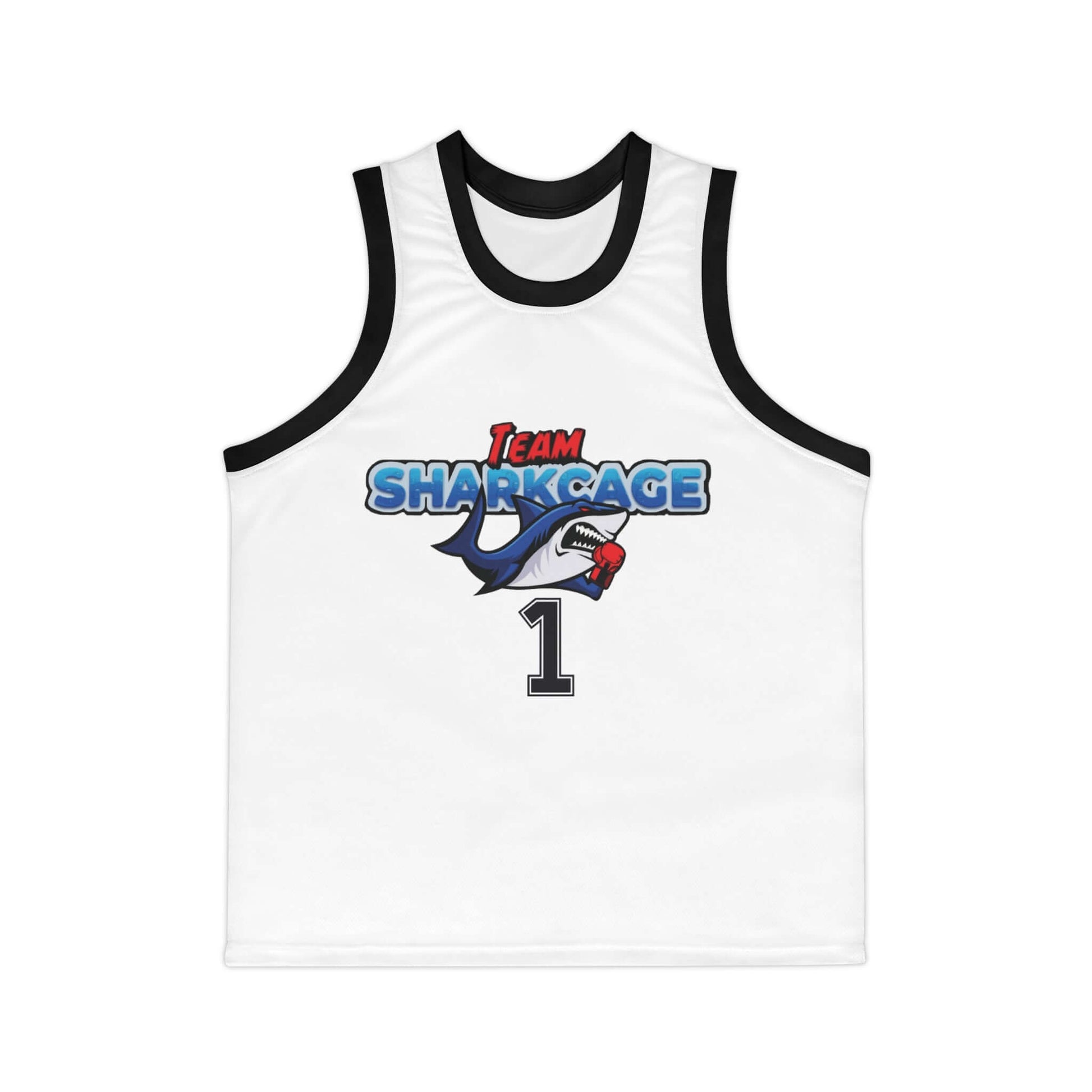 Front view of a unisex basketball jersey featuring the bold Team Sharkcage colored logo, displayed on a clean white background.