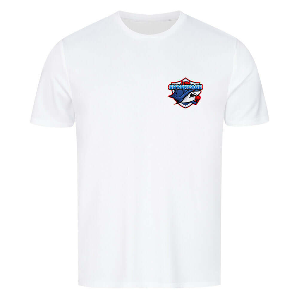 Front view of white TeamSharkcage unisex sport T-shirt featuring the bold black logo centered on the chest. Lightweight and perfect for athletic or casual wear.