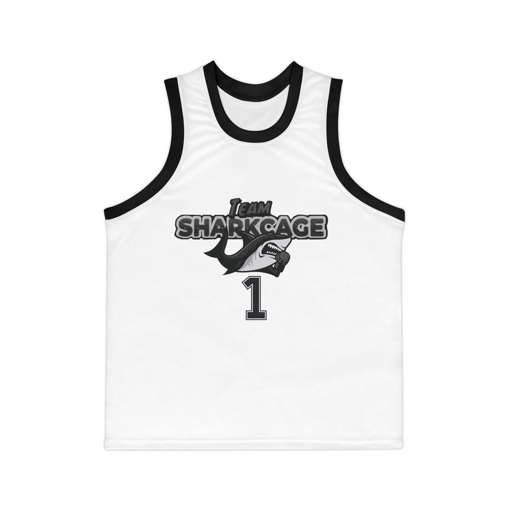 Front view of male model wearing the black Team Sharkcage tank top with colored logo and athletic fit.