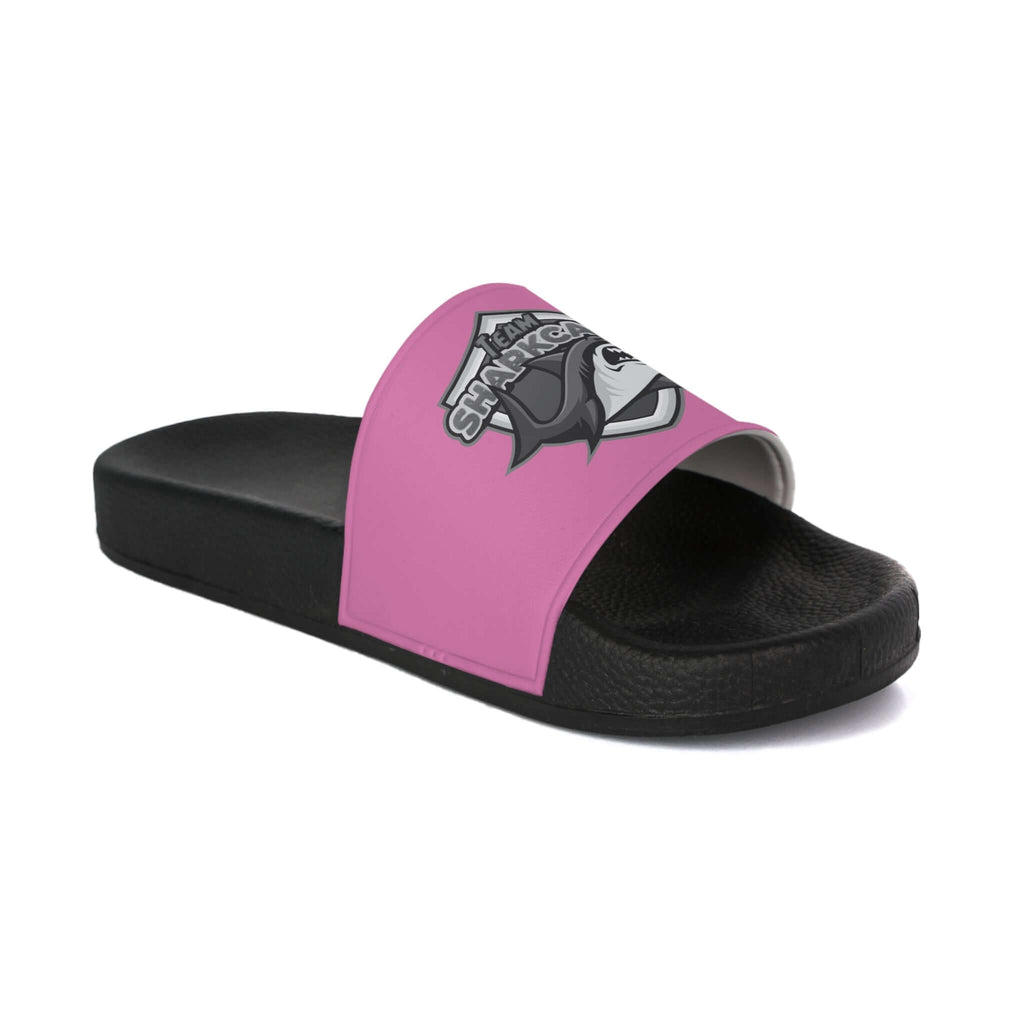 Stylish Women's Slide Sandal in pink with black sole and Team Sharkcage logo, perfect for summer outings.