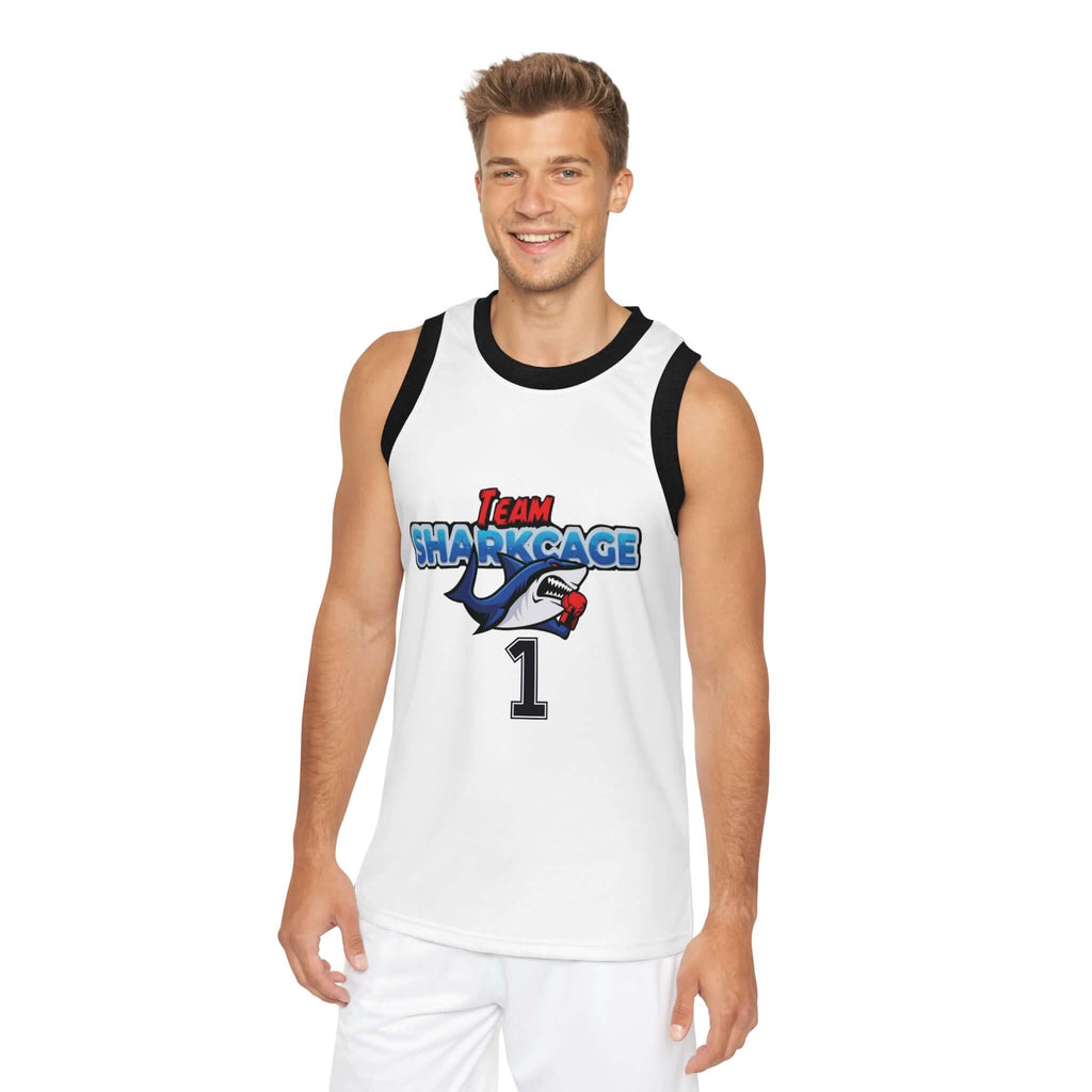 Side view of a male model wearing the unisex Team Sharkcage basketball jersey with the colored logo, showing the fit and sleeveless design.
