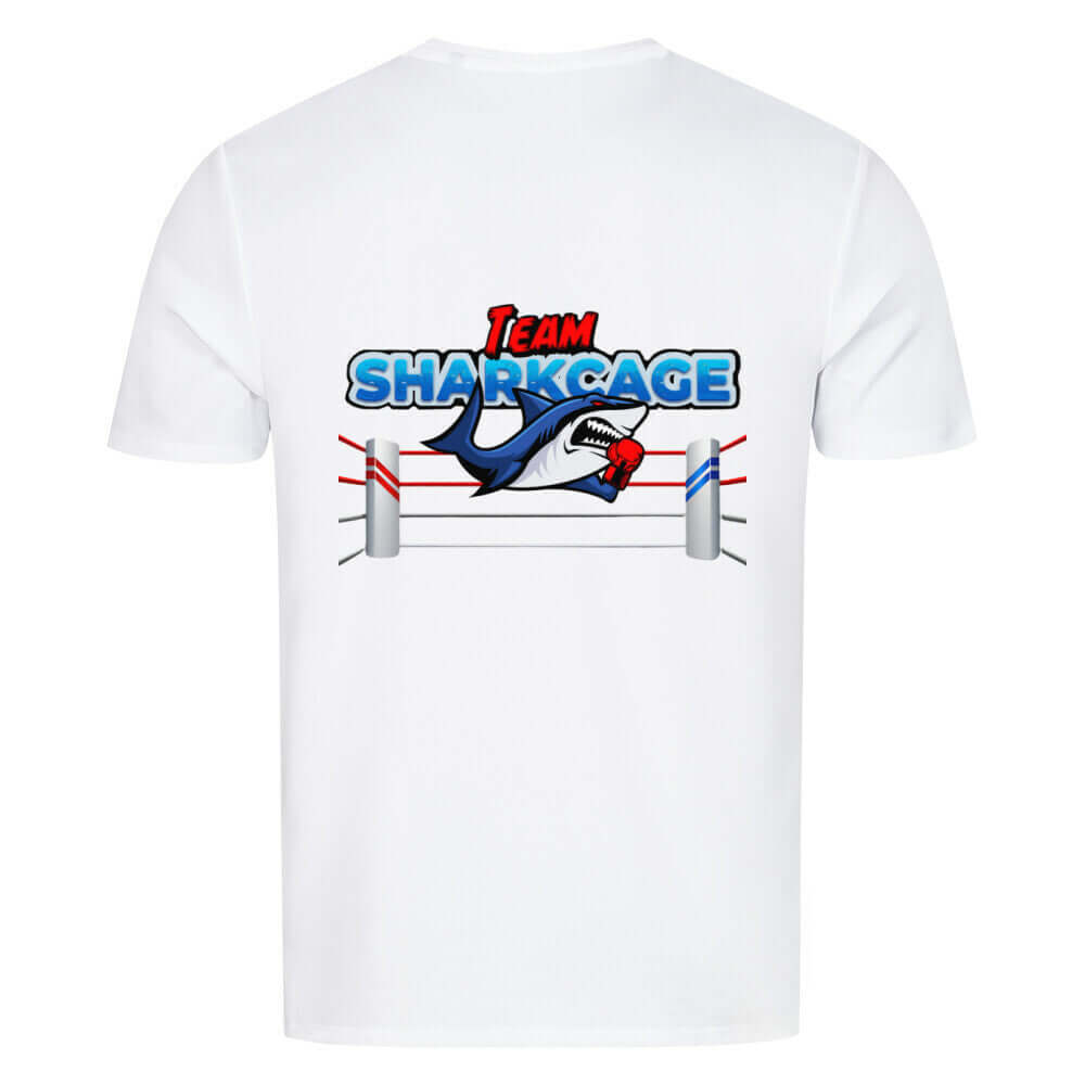 Back view of white TeamSharkcage unisex sport T-shirt showing clean design with no print, ideal for breathable and minimalist activewear style.