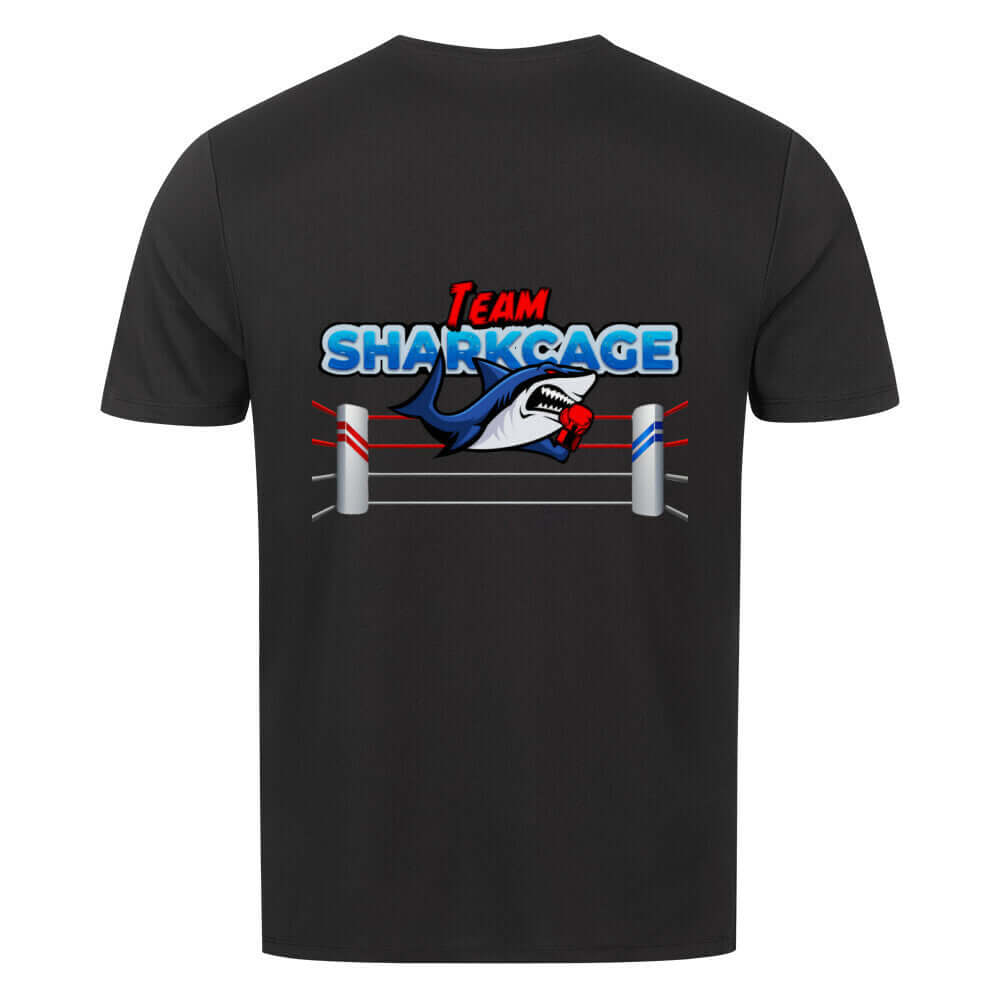 Back view of Black unisex TeamSharkcage sport T-shirt, featuring breathable material and a relaxed fit for everyday workouts and casual wear.