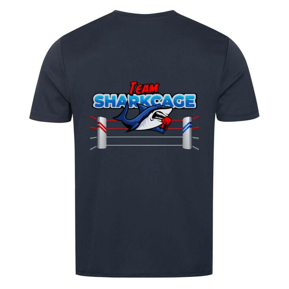 Back view of Dark Blue unisex TeamSharkcage sport T-shirt, featuring breathable material and a relaxed fit for everyday workouts and casual wear.