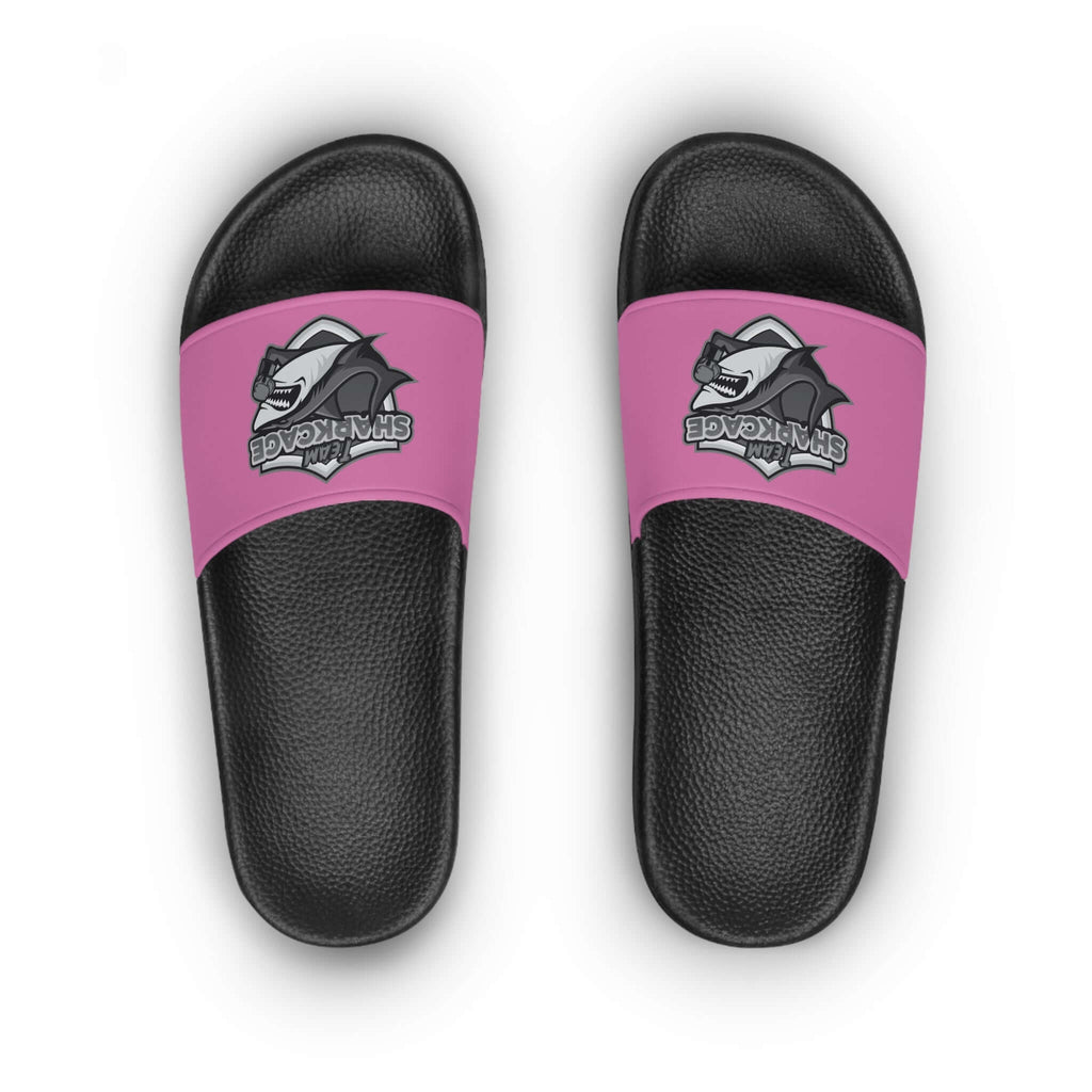 Women's slide sandals in pink with TeamSharkcage logo, ideal for casual outings and summer wear.