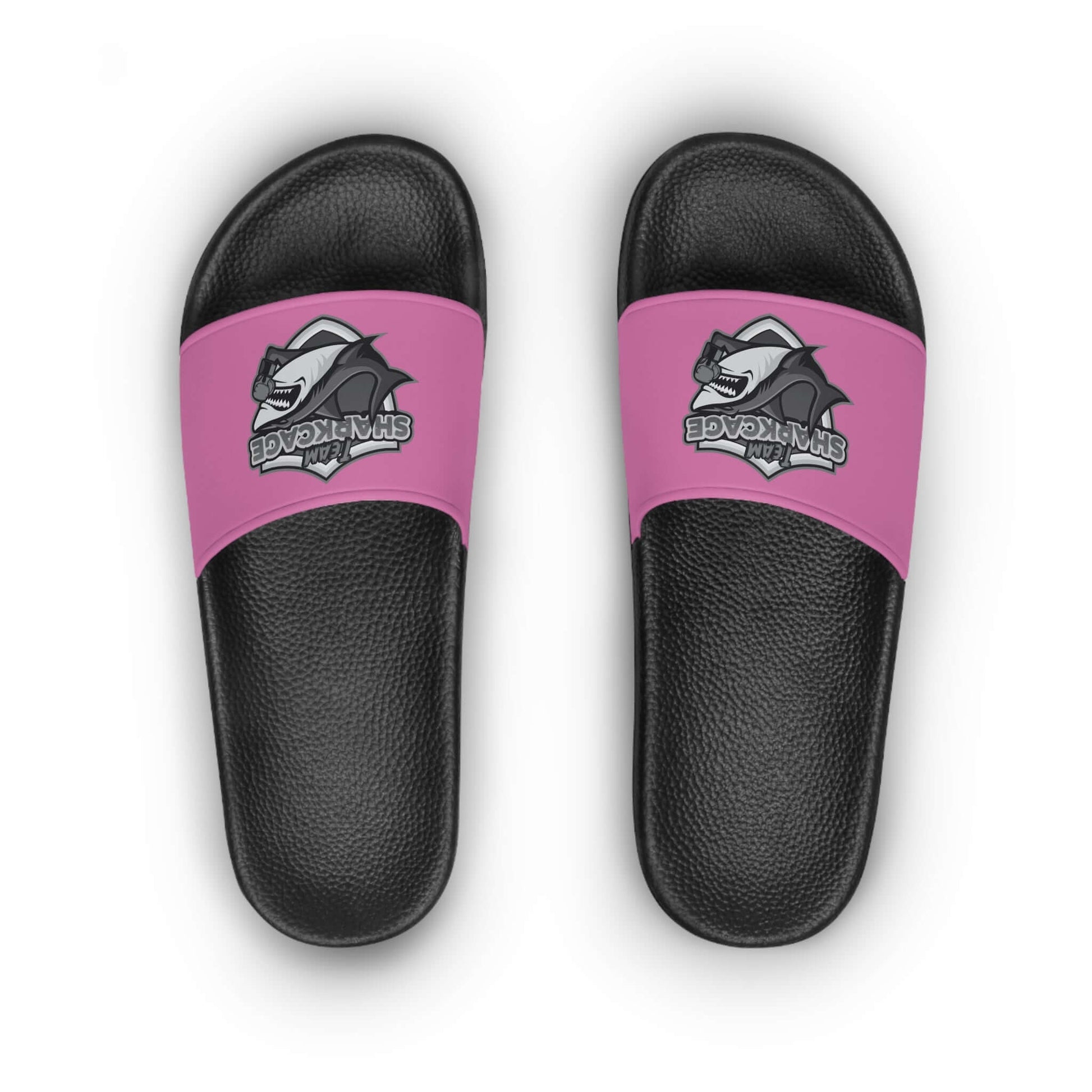 Women's slide sandals in pink with TeamSharkcage logo, ideal for casual outings and summer wear.
