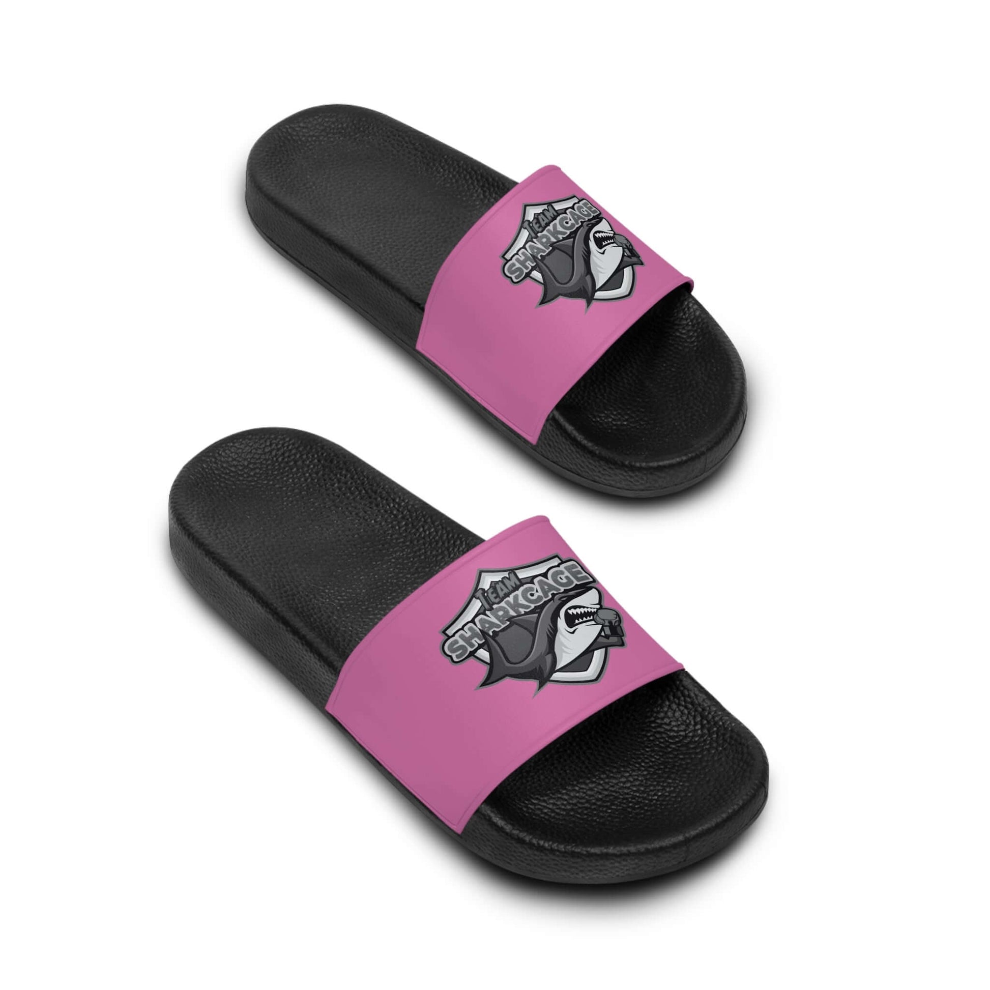 Stylish pink women's slide sandals with TeamSharkcage logo – perfect for summer outings and casual wear