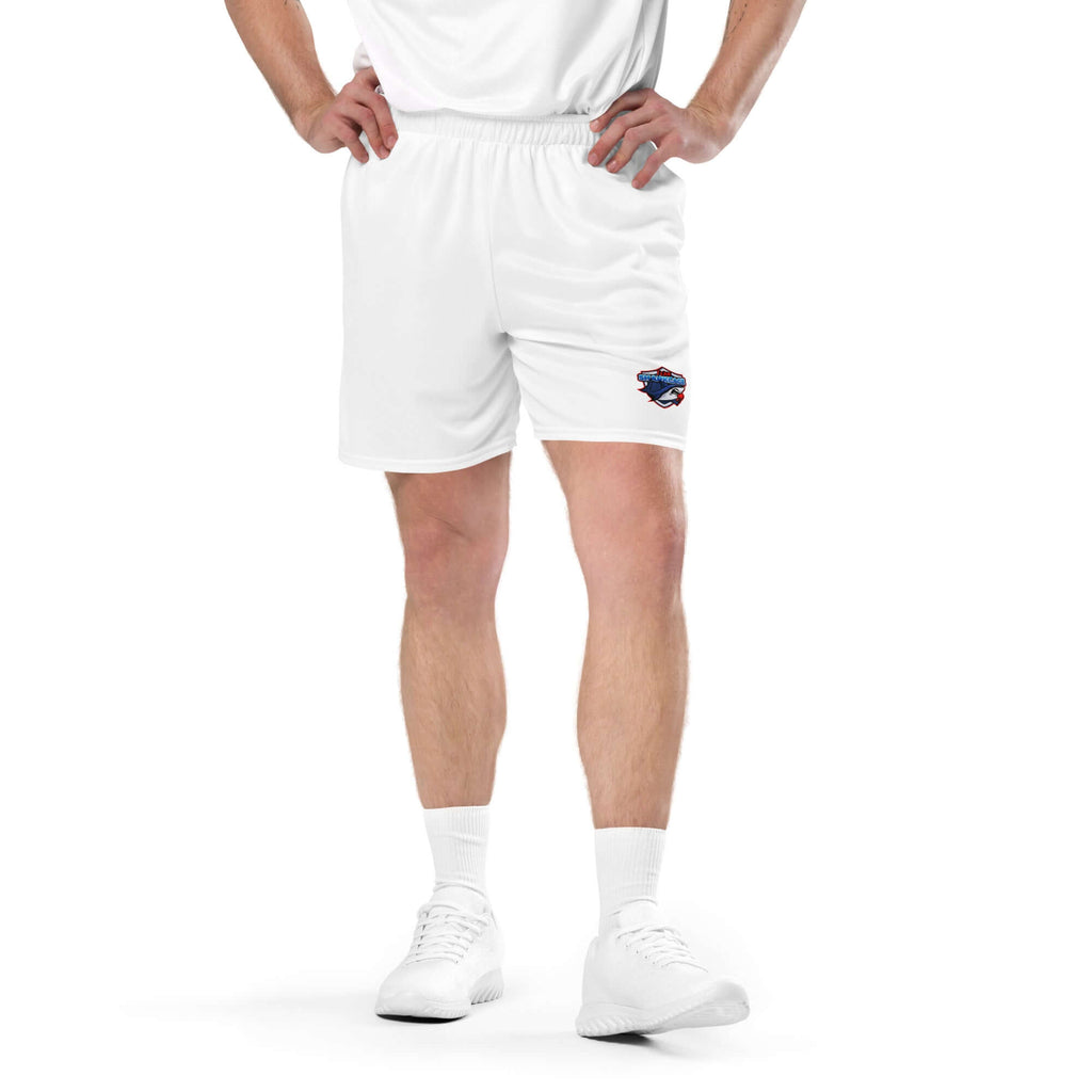 Front view of white recycled unisex mesh sport shorts with TeamSharkcage logo design, breathable and ideal for workouts or casual wear.