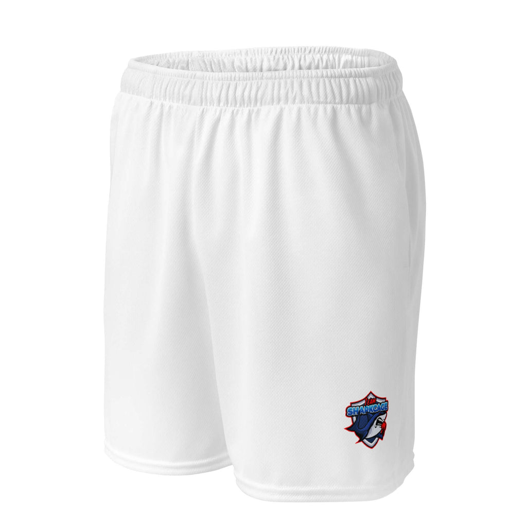 Left-front view of unisex white mesh sport shorts featuring TeamSharkcage logo pattern, made from recycled fabric for active and eco-conscious wear.