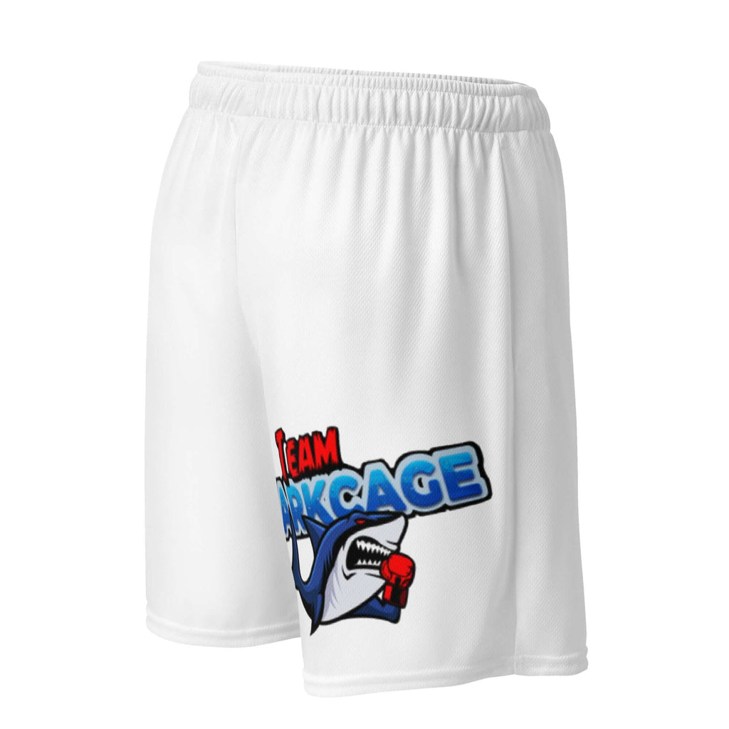 Right-back view of white recycled unisex mesh shorts featuring TeamSharkcage logo, showing elastic waistband and breathable mesh texture.